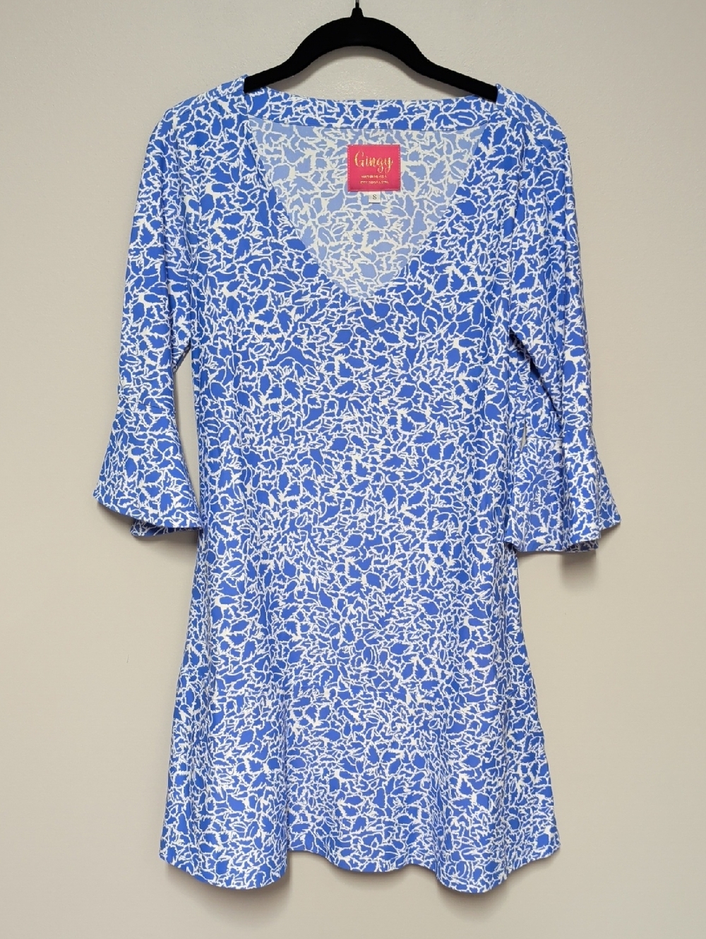 Ginger G Blue & White Floral V-Neck Mini Dress with Fluted Sleeves